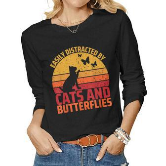 Easily Distracted By Cats And Butterflies Cat Butterfly Women Long Sleeve T-shirt | Mazezy