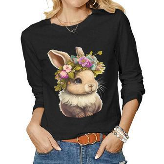 Easter Bunny Rabbit Women - Happy Bunny Flower Graphic Girls Women Long Sleeve T-shirt | Mazezy