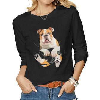 English British Bulldog Pocket Funny Mom Dad Kid Lover Gifts Women Graphic Long Sleeve T-shirt - Seseable