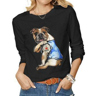 English Bulldog Dog Tattoo I Love Mom V2 Women Graphic Long Sleeve T-shirt - Seseable