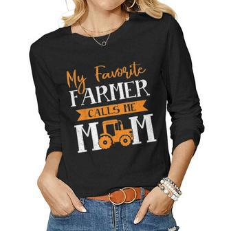 Farmer Mother Day My Favorite Farmer Calls Me Mom Women Graphic Long Sleeve T-shirt - Seseable