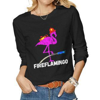Fire Fighter Flamingo Exotic Bird Funny Firefighter Fireman Women Graphic Long Sleeve T-shirt - Seseable