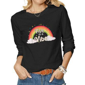 Five Is A Vibe Birthday Retro Hippie Rainbow Groovy Bday Women Graphic Long Sleeve T-shirt - Seseable