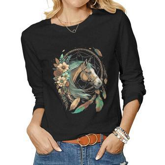 Floral Dream Catcher Horse Spring Nature For Horse Mom Women Long Sleeve T-shirt | Mazezy