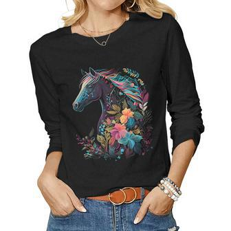 Floral Horse Spring Nature Horse Lovers Graphic Women Long Sleeve T-shirt | Mazezy