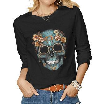 Floral Mexican Skull Day Of The Dead Dia De Muertos Women Women Long Sleeve T-shirt | Mazezy