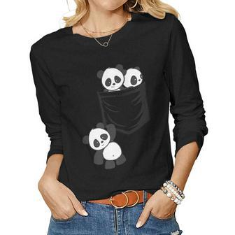 For Panda Lovers Cute Kawaii Baby Pandas In Pocket Women Graphic Long Sleeve T-shirt - Seseable