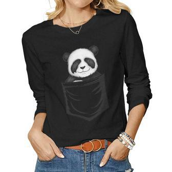 For Panda Lovers Cute Panda Bear In Pocket Women Graphic Long Sleeve T-shirt - Seseable
