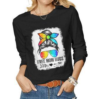 Womens Free Mom Hugs Messy Bun Rainbow Lgbt Pride Mothers Women Long Sleeve T-shirt | Mazezy