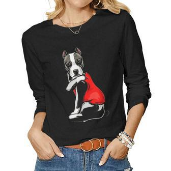 Funny American Staffordshire Terrier Dog I Love Mom Tattoo Women Graphic Long Sleeve T-shirt - Seseable