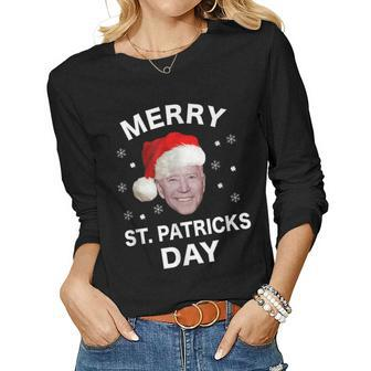 Funny Anti Joe Biden Merry St Patricks Day Christmas Women Graphic Long Sleeve T-shirt - Seseable