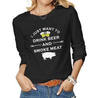 Funny Bbq Drink Beer Smoke Meat Grill Women Graphic Long Sleeve T-shirt - Seseable