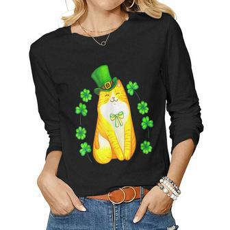 Funny Cat St Patricks Day Green Saint Patty Women Boys Kids Women Graphic Long Sleeve T-shirt - Seseable