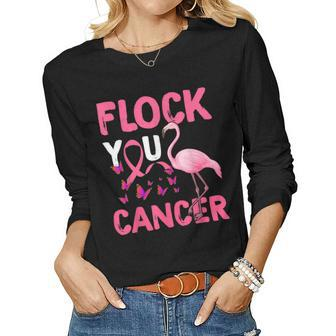 Funny Flock You Flamingo Cancer Breast Cancer Women Graphic Long Sleeve T-shirt - Seseable