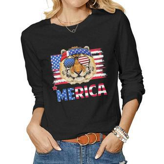 Funny Hanging With Tiger Mom Merica 4Th July Women Graphic Long Sleeve T-shirt - Seseable
