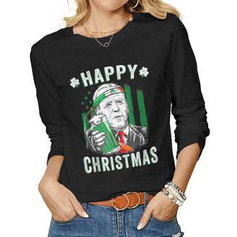 Funny Leprechaun Biden Happy Christmas For St Patricks Day V2 Women Graphic Long Sleeve T-shirt - Seseable