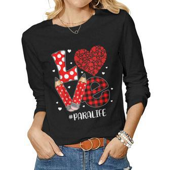 Funny Plaid Heart Love Para Life Valentine Day Christmas Women Graphic Long Sleeve T-shirt - Seseable