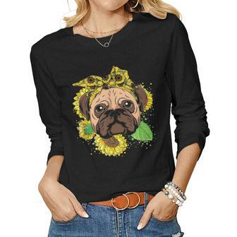 Funny Pug Dog Mom Sunflower Head Bandana Womens Girls Gift Women Graphic Long Sleeve T-shirt - Seseable