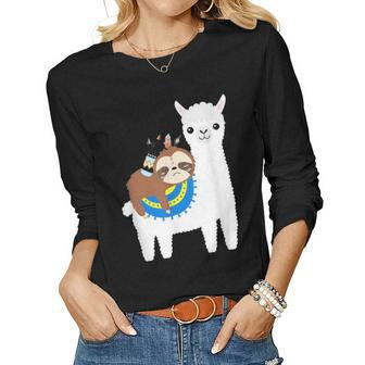 Funny Sloth Riding Llama Dad Mom Boy Girl Party Gift Women Graphic Long Sleeve T-shirt - Seseable