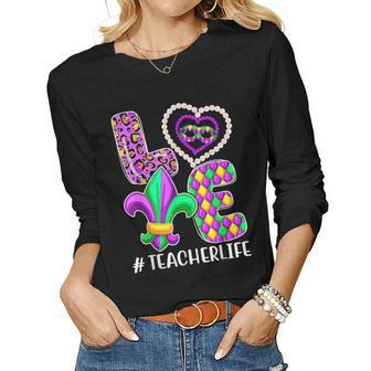 Funny Teacher Mardi Gras Family Matching Outfit V4 Women Graphic Long Sleeve T-shirt - Seseable