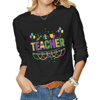 Funny Teacher Mardi Gras Family Matching Outfit V5 Women Graphic Long Sleeve T-shirt - Seseable