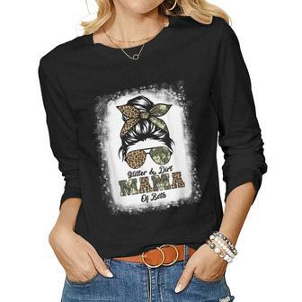 Glitter And Dirt Mom Of Both Leopard Camo Messy Bun Women Graphic Long Sleeve T-shirt - Seseable