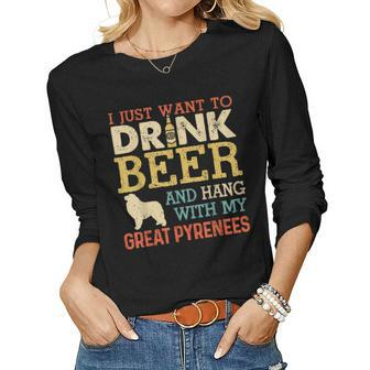 Great Pyrenees Dad Drink Beer Hang With Dog Funny Vintage Women Graphic Long Sleeve T-shirt - Seseable