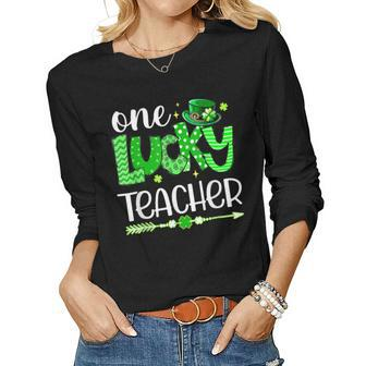 Green Leopard Shamrock One Lucky Teacher St Patricks Day Women Graphic Long Sleeve T-shirt - Seseable
