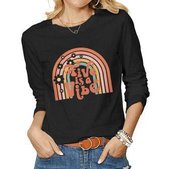 Groovy Five Is A Vibes 5Th Birthday Hippie 70S Boho Rainbow Women Graphic Long Sleeve T-shirt - Seseable