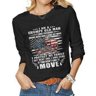 Grumpy Old Man Freedom Beer Guns Skull American Flag Women Long Sleeve T-shirt | Mazezy