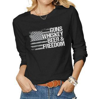 Guns Whiskey Beer And Freedom Veteran American Flag Women Long Sleeve T-shirt | Mazezy