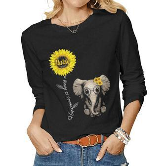 Happiness Is Being A Nurse Elephant Sunflower Gift Women Graphic Long Sleeve T-shirt - Seseable