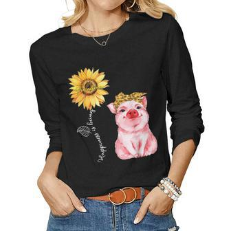 Happiness Is Being Grandma Cute Pig Sunflower Mother Gifts Women Graphic Long Sleeve T-shirt - Seseable