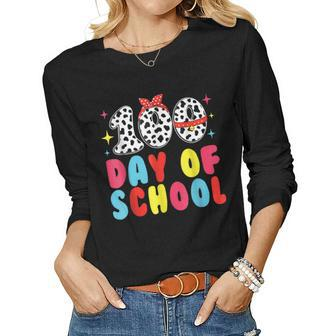 Happy 100 Day Of School Students Kids Dalmatian Dog Teachers Women Graphic Long Sleeve T-shirt - Seseable