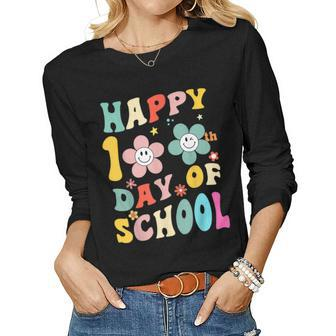 Happy 100 Days Of School Groovy 100Th Day School Teacher Kid Women Graphic Long Sleeve T-shirt - Thegiftio UK