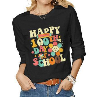 Happy 100Th Day Of School Teacher Kids Retro Groovy 100 Days V4 Women Graphic Long Sleeve T-shirt - Thegiftio UK