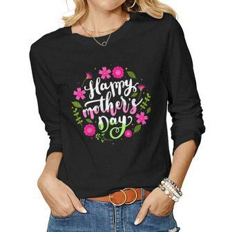 Happy With Floral Mom Mommy Grandma Womens Women Long Sleeve T-shirt | Mazezy
