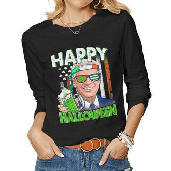 Happy Halloween Leprechaun Biden Drinking Beer St Patricks Women Graphic Long Sleeve T-shirt - Seseable