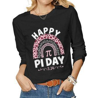 Happy Pi Day 314 Pi Symbol Math Teacher Leopard Rainbow Women Graphic Long Sleeve T-shirt - Seseable