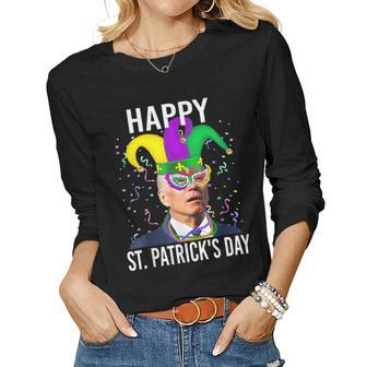 Happy St Patricks Day Confused Biden Sarcastic Mardi Gras Women Graphic Long Sleeve T-shirt - Seseable