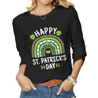 Happy St Patricks Day Leopard Print Rainbow Shamrock Irish V2 Women Graphic Long Sleeve T-shirt - Seseable