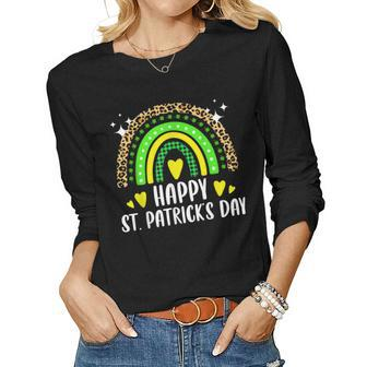 Happy St Patricks Day Rainbow Leopard Print Shamrock Irish Women Graphic Long Sleeve T-shirt - Thegiftio UK