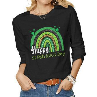 Happy St Patricks Day Rainbow Lucky Leopard Shamrock Irish V2 Women Graphic Long Sleeve T-shirt - Seseable