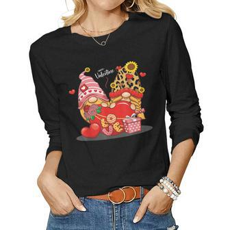 Happy Valentines Day Gnomes With Leopard Sunflower Valentine V3 Women Graphic Long Sleeve T-shirt - Seseable