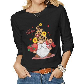 Happy Valentines Day Gnomes With Leopard Sunflower Valentine V5 Women Graphic Long Sleeve T-shirt - Seseable