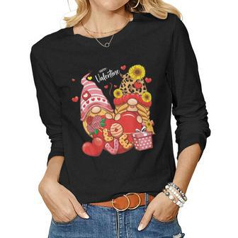 Happy Valentines Day Gnomes With Leopard Sunflower Valentine V8 Women Graphic Long Sleeve T-shirt - Seseable