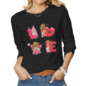 Happy Valentines Day Gnomes With Leopard Sunflower Valentine Women Graphic Long Sleeve T-shirt - Seseable