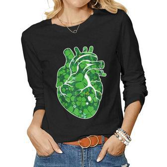 Heart Shamrock Cardiac Nurse St Patricks Day Irish Women Graphic Long Sleeve T-shirt - Seseable