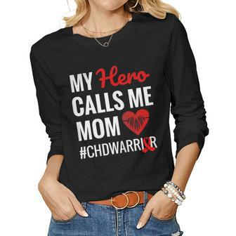 My Hero Calls Me Mom Congenital Heart Defect Month Chd Women Long Sleeve T-shirt | Mazezy