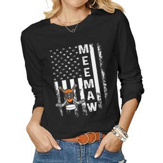 Hockey Meemaw American Flag Vintage Christmas Xmas Women Graphic Long Sleeve T-shirt - Seseable